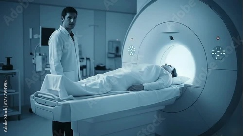 Doctor overseeing patient undergoing mri scan in a modern medical imaging facility, highlighting advanced healthcare technology and diagnostics
