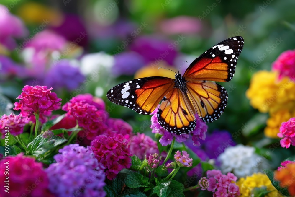 Fototapeta premium Colorful butterfly perches on vibrant flowers in a sunny garden setting