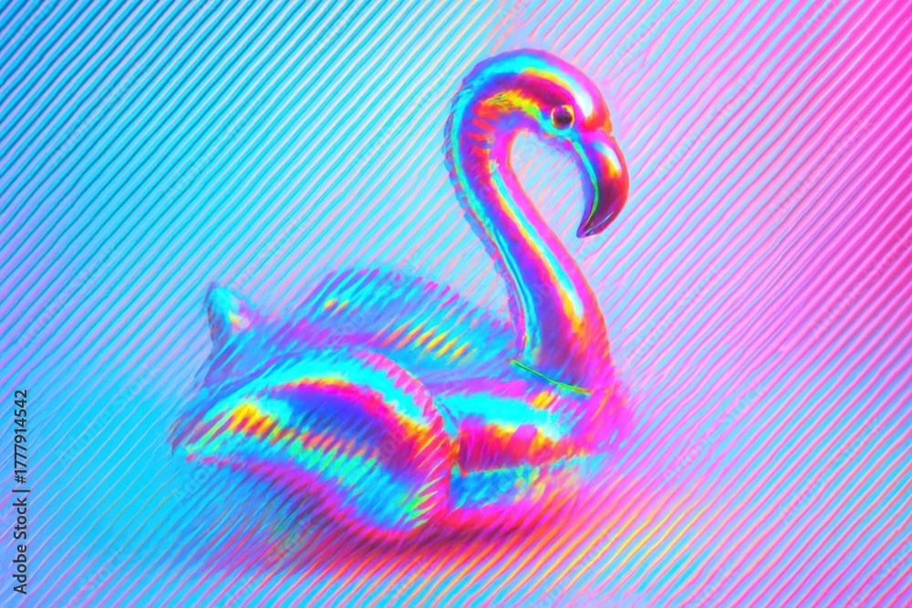 Fototapeta premium A shiny iridescent flamingo float stands on a pastel gradient background, creating a playful, dreamy, and colorful visual perfect for modern creative designs.
