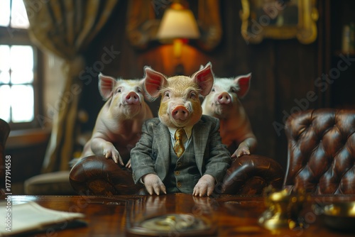 Humorous concept of a pig dressed in a formal suit sitting at an office desk with two other pigs behind. Anthropomorphic animal in business setting, parody style.