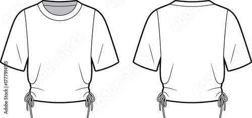 Trendy drawstring crop top, fashion flat sketch, short sleeve t-shirt, stylish vector illustration