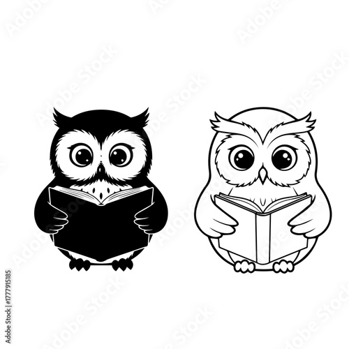 Cute Owl Reading Book Silhouette and Line Art Illustration Wise Animal Education Design