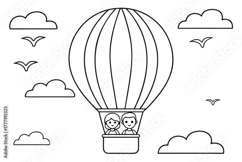 simple line drawing of a hot air balloon adventure.