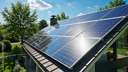 Modern suburban house with solar panels on roof generating clean renewable energy under a bright blue sky with fluffy white clouds