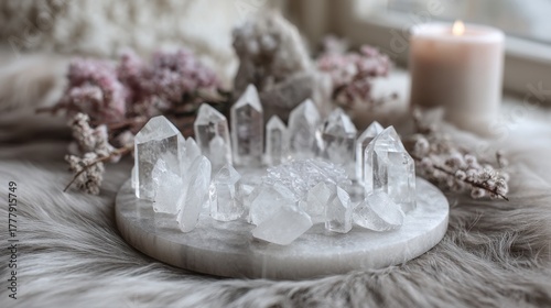 Clear quartz crystal collection on marble tray with candle and flowers, Winter Solstice