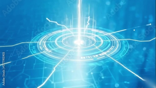 Abstract futuristic digital interface with glowing blue concentric hud and light beams emanating from the center on a dark blue circuit board background