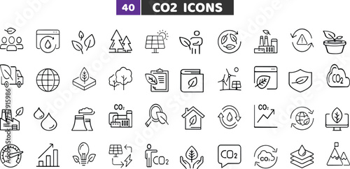 CO2 Emission and Carbon Footprint Icons Set, Climate Change and Environment Outline Vector Collection