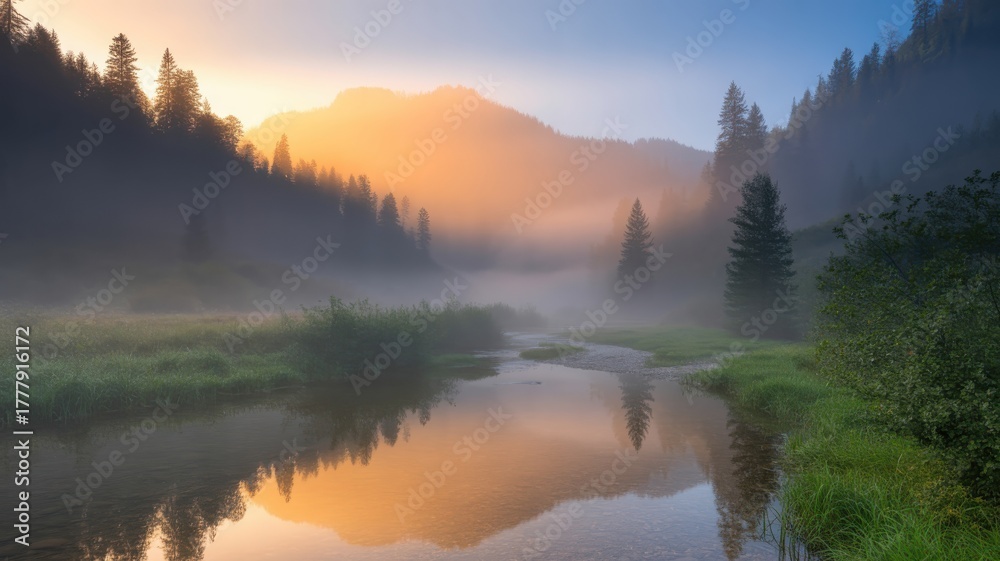 Fototapeta premium Misty mountain valley river at sunrise with golden light and evergreen trees dawn