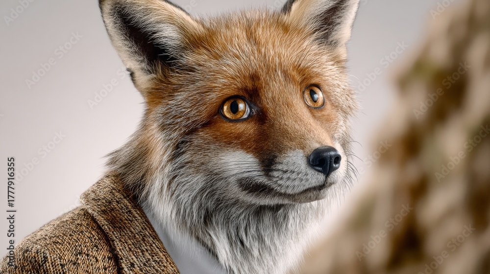 Obraz premium A fox is wearing a suit and smiling. The fox is looking at the camera