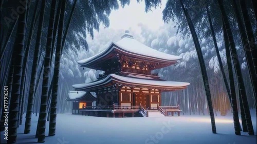 Serene Temple in Winter Bamboo Forest, Japanese Architecture
