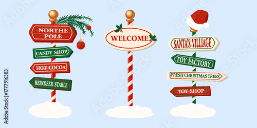 Set of Winter holiday xmas signs for north pole Christmas different directions arrows boards Vector illustration isolated Christmas icon Christmas branch and Santa hat Winter holiday Xmas symbol