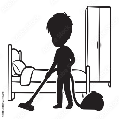Boy vacuuming bedroom silhouette cleaning room vector illustration
