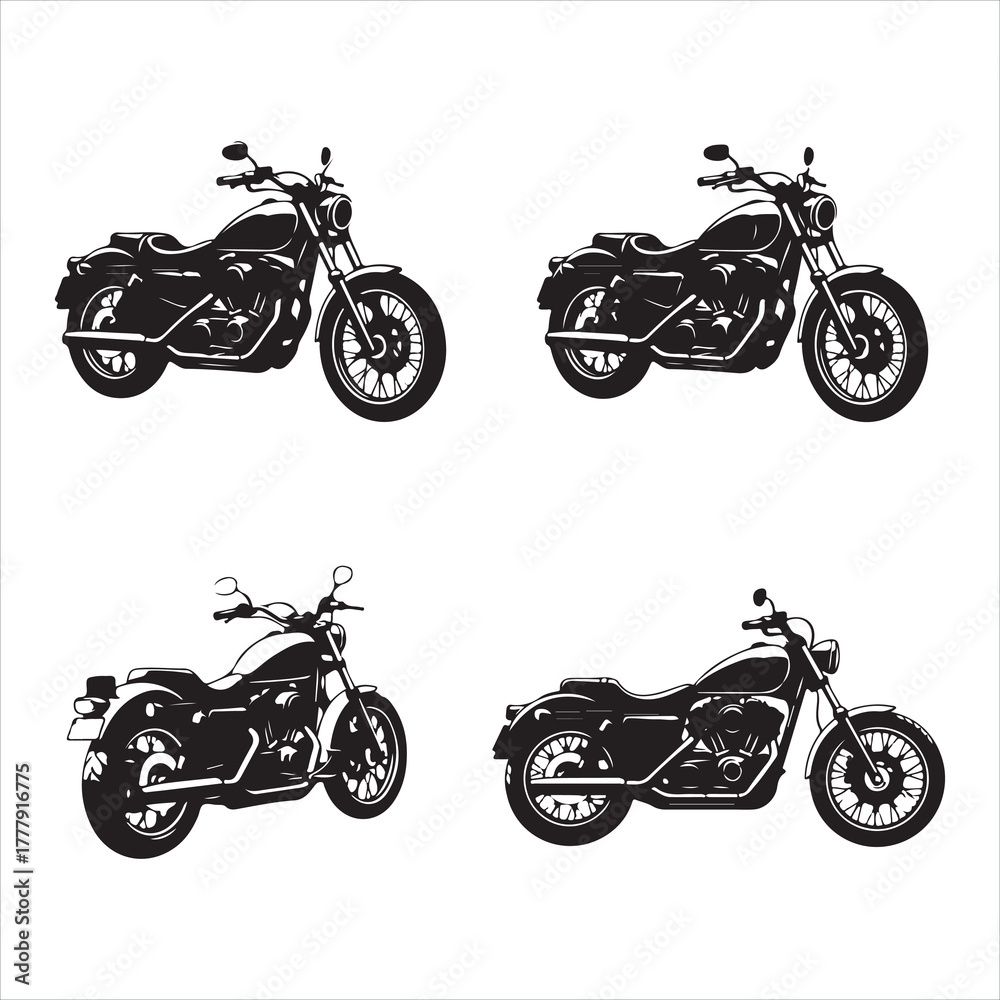 Obraz premium Vector silhouettes of motorcycles, motorbikes, and sport bikes on the road, emphasizing speed, chrome, and the engine of the transport vehicle