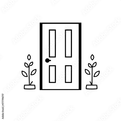 Simplified Symbolic Door Icon

A clean, minimalist monochrome icon of a front door with basic rectangular geometry, single knob, and flanking plant symbols. Perfect symmetry, flat uniform lighting, pu