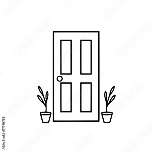 Simplified Symbolic Door Icon

A clean, minimalist monochrome icon of a front door with basic rectangular geometry, single knob, and flanking plant symbols. Perfect symmetry, flat uniform lighting, pu