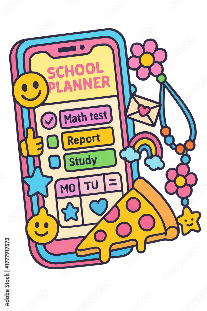 Obraz premium Back to school planner with colorful maximalist design elements. Isolated on transparent background