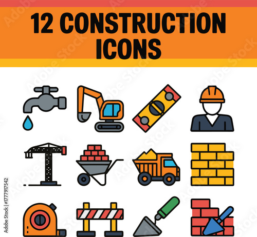 Construction industry icons set with tools and equipment