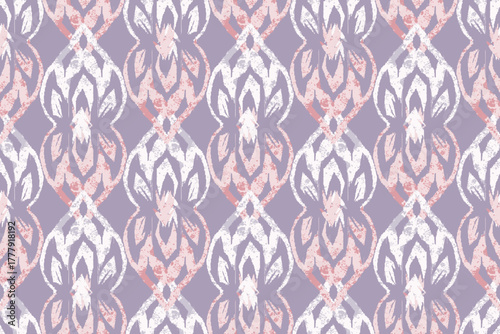 Pastel Lavender Pink Ikat Floral Seamless Pattern.Tribal Geometric Texture. Ikat paisley embroidery is for fabric in Indonesia, India and Asian countries. Geometric ethnic, oriental seamless pattern.
