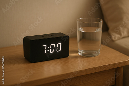 Modern digital alarm clock showing 7:00 AM next to a clear glass of water on a wooden nightstand creating a peaceful morning ambiance