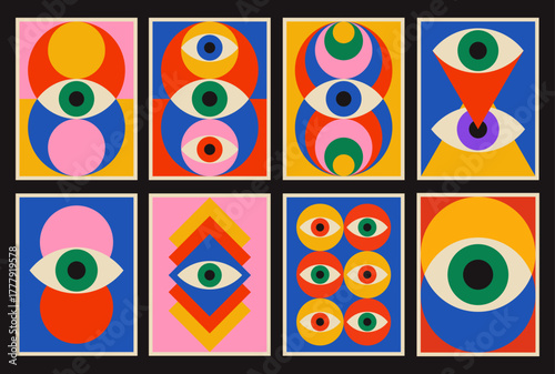 Cool Abstract Geometric Eye Poster. Pop Art Retro Vision Placard. Playful Pattern.