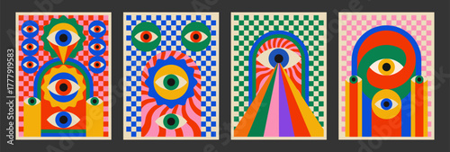 Cool Abstract Geometric Eye Poster. Pop Art Retro Vision Placard. Playful Pattern.