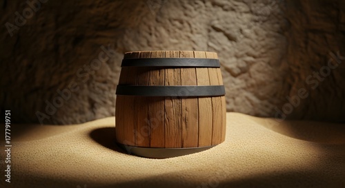 Wooden Barrel with Metal Hoops in Desert Against Stone Wall Background