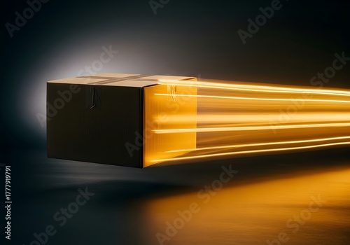 Fast Delivery Cardboard Box with Glowing Lines on Black Background