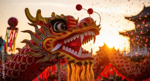 Vibrant Chinese dragon dancing during New Year celebration  