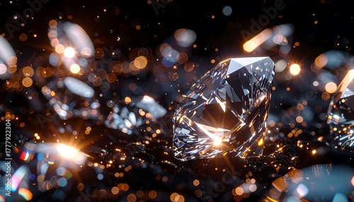 Scattered diamonds sparkle against a dark surface with bokeh highlights creating a luxurious, alluring scene