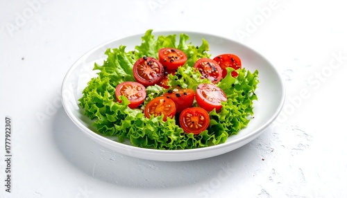 Wallpaper Mural Salad with lettuce, halved cherry tomatoes, and black seeds, served on a white plate against a textured white surface Torontodigital.ca