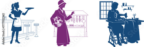Collage of vintage scenes: waitress at diner, woman with shopping basket, woman sewing retro