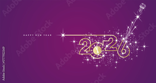 2026 Happy New Year. Clock countdown. 2026 in the form of a line design with champagne cork with shining sparkle firework golden white purple banner vector