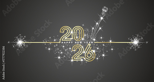 Happy New Year 2026 eve golden triple line design loading sparkle firework. 2026 with opened champagne cork, white black vector wallpaper greeting card