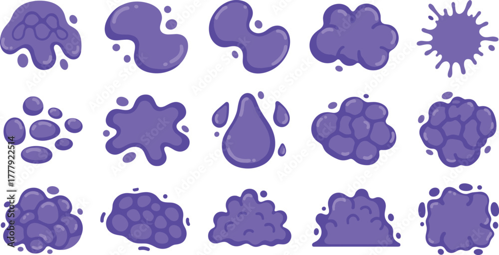 Fototapeta premium Collection of fifteen purple cartoon splatters and blobs on white background on transparent background