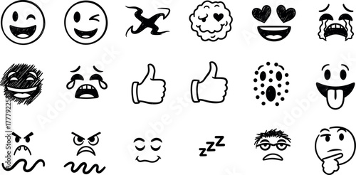 Collection of hand-drawn black and white emoji icons on transparent background