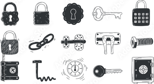 Collection of hand-drawn security and mechanical fastener icons on transparent background