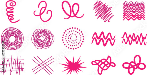 Collection of fifteen pink line art doodle shapes on white background on transparent background