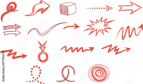 Collection of red hand-drawn arrows and symbols on white background on transparent background