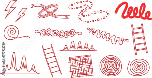 Red line drawings of various shapes and objects on white background on transparent background