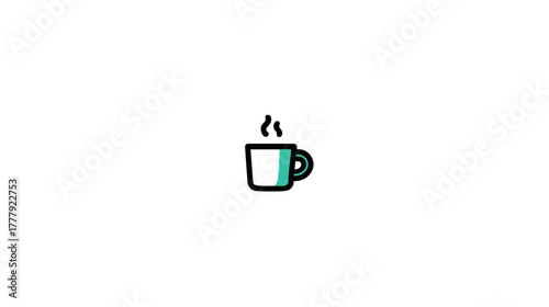 Clean Minimalist Steaming Hot Drink Mug Icon. Flat Design Outline Vector Illustration of a Coffee or Tea Cup with Teal Handle.