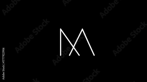 Sleek abstract M letter design in white line art on a solid black background, modern minimalist geometric graphic element.