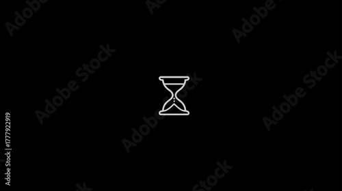 White outline hourglass icon on black, symbolizing time, waiting, loading, countdown, or process. Minimalist digital concept.