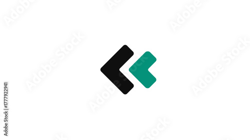 Abstract graphic icon with two left-pointing arrows in black and teal on white background, modern design element