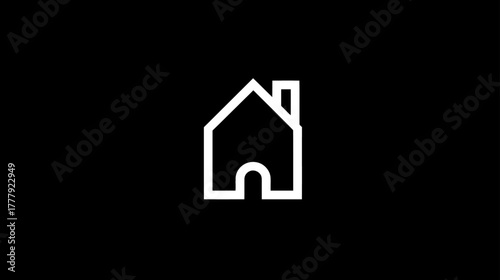 Modern minimalist white outline house icon on black background. Simple home symbol for residential, real estate, property, and architecture concepts.