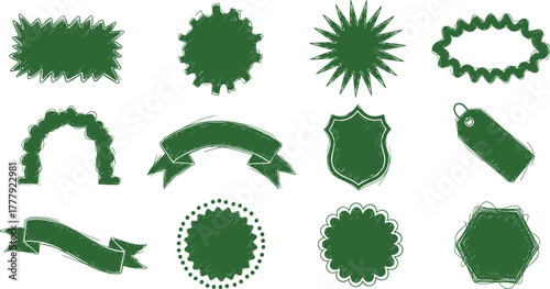 Collection of green sketchy badges, labels, and banners on transparent background