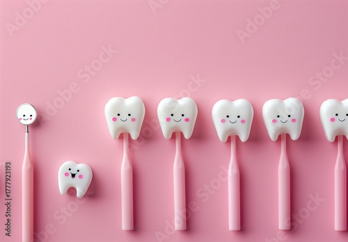 Playful dental concept with smiling cartoon teeth and pink toothbrushes arranged neatly on a pastel pink background, symbolizing oral care, hygiene, and dental health in a fun, minimalistic style.