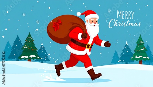 Santa carrying a sack, running over snowy hills with Christmas trees, snowflakes and 'Merry Christmas' text above