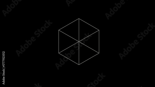 Abstract rotating wireframe cube on black background. Seamless loop 3D animation of geometric shape. Digital technology concept.