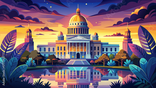 Very beautiful illuminated Louisiana State Capitol at dusk, showcasing the Art Deco architecture glowing warmly under the twilight sky, surrounded by trees, gardens, and reflections on calm water.