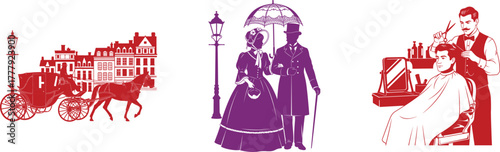 Vintage horse drawn carriage buildings Victorian couple umbrella and barber shop scene city